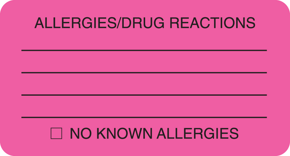 Allergies/Drug Reactions 3-1/4&quot;x1-3/4&quot; - Fl-Pink, 250/Roll