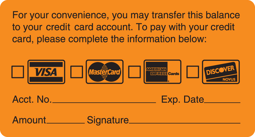 Transfer Balance Credit Card 3-1/4&quot;x1-3/4  Fl-Orange, 250/Roll