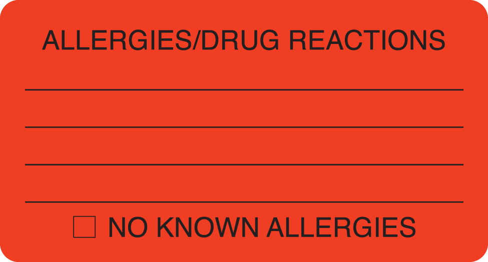 Allergies/Drug Reactions 3-1/4&quot;x1-3/4&quot; Fl-Red, 250/Roll