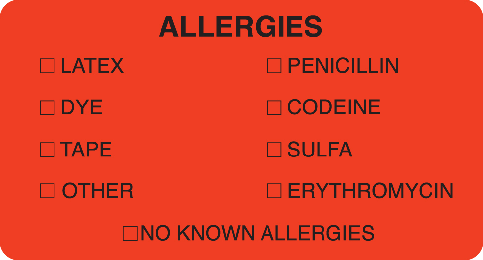 Allergies Listing 3-1/4&quot;x1-3/4&quot; Fl-Red, 250/Roll