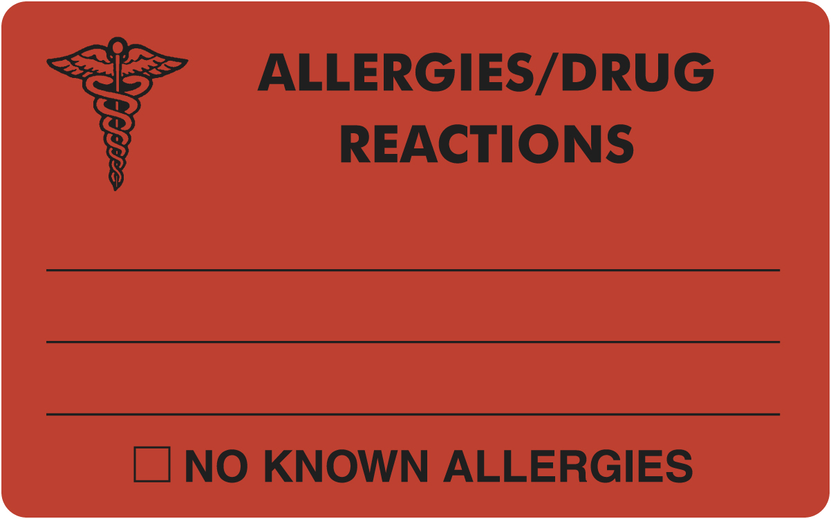 Allergies/Drug Reactions 4&quot;x2-1/2&quot; Fl-Red, 100/Roll