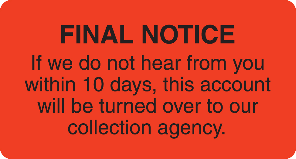 Final Notice Collection 3-1/4&quot;x1-3/4&quot; Fl-Red, 250/Roll