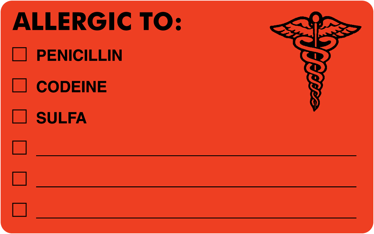 Allergic Penicillin Codeine Sulfa 4&quot;x2-1/2&quot; Fl-Red, 100/Roll