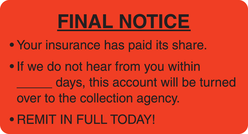 Final Notice 3-1/4&quot;x1-3/4&quot; Fl-Red, 250/Roll