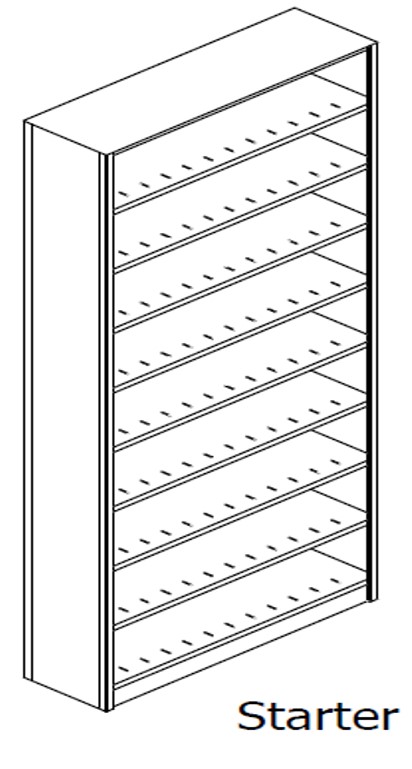 Preconfigured, Letter Size, Open Shelving, Starter Unit, 9 openings, 10 shelves, 48&quot;w x 12&quot;d x 97-1/4&quot;h